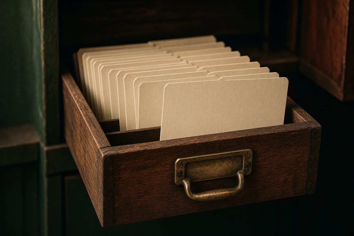 An open wooden card catalog drawer with blank cream cards and a brass handle.