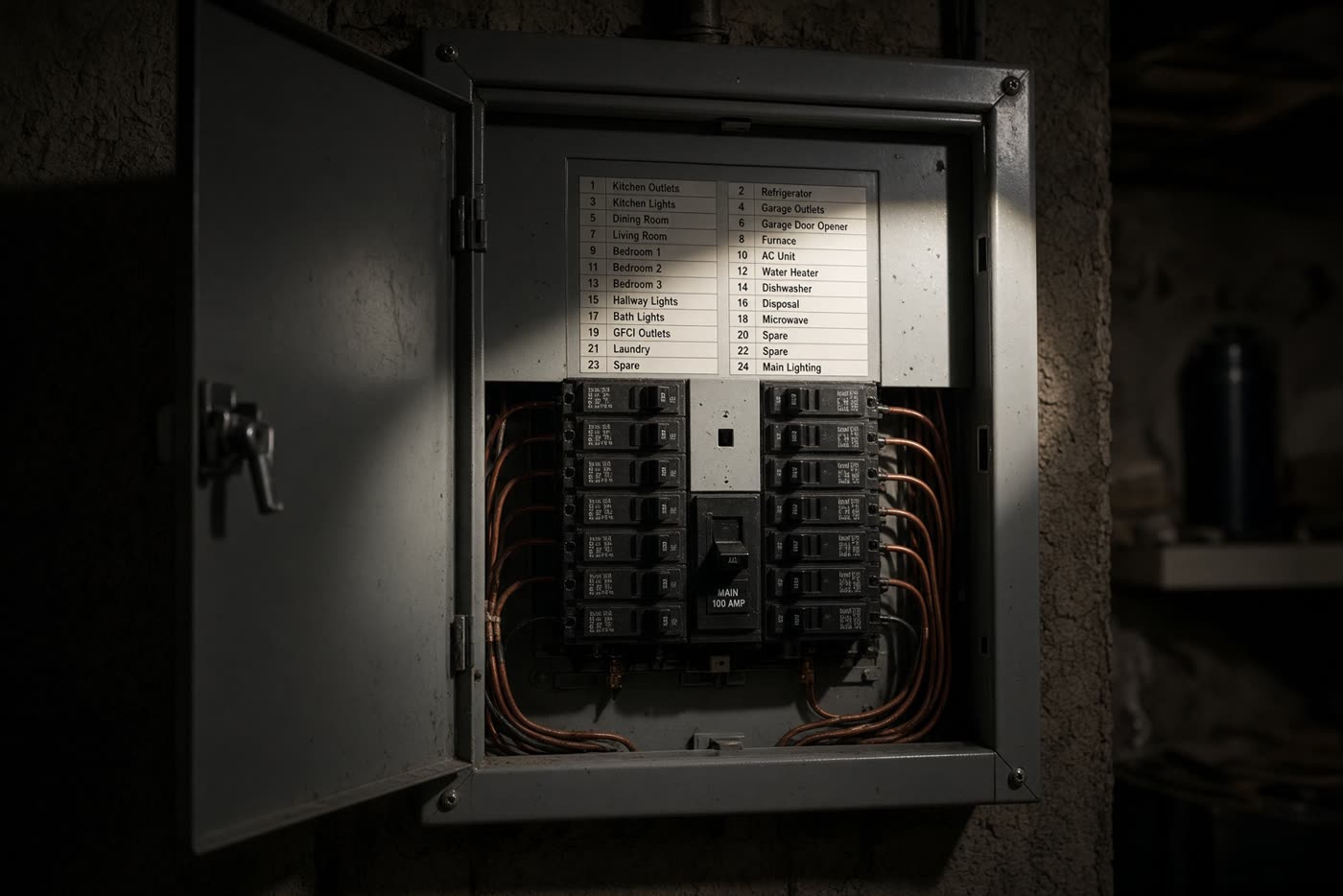 An open electrical panel with labeled breakers, photographed in a basement.