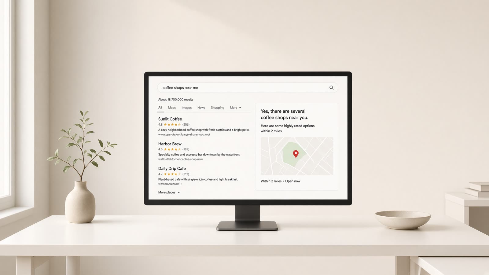 A bright desk monitor showing a search-style answer next to a notebook.